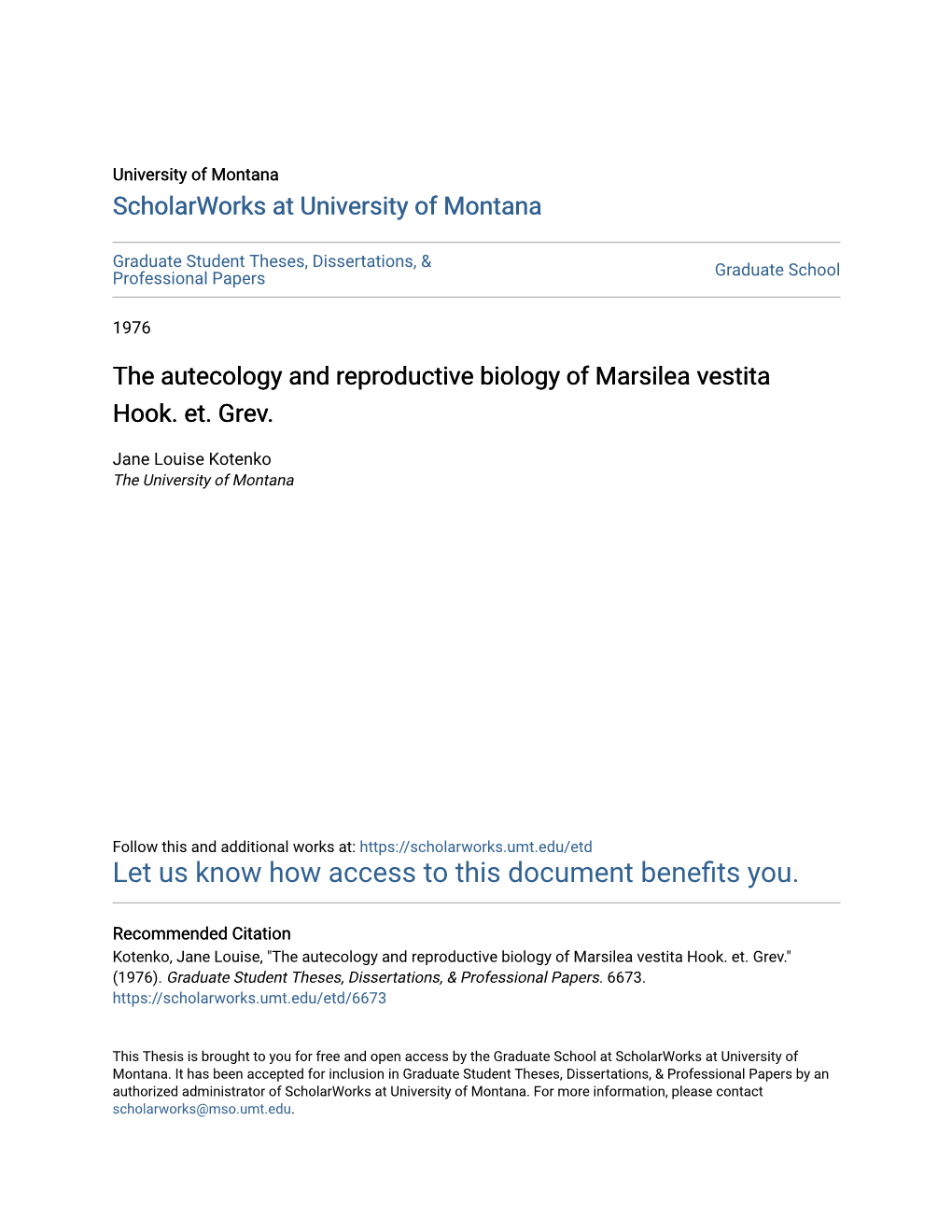 The Autecology and Reproductive Biology of Marsilea Vestita Hook. Et