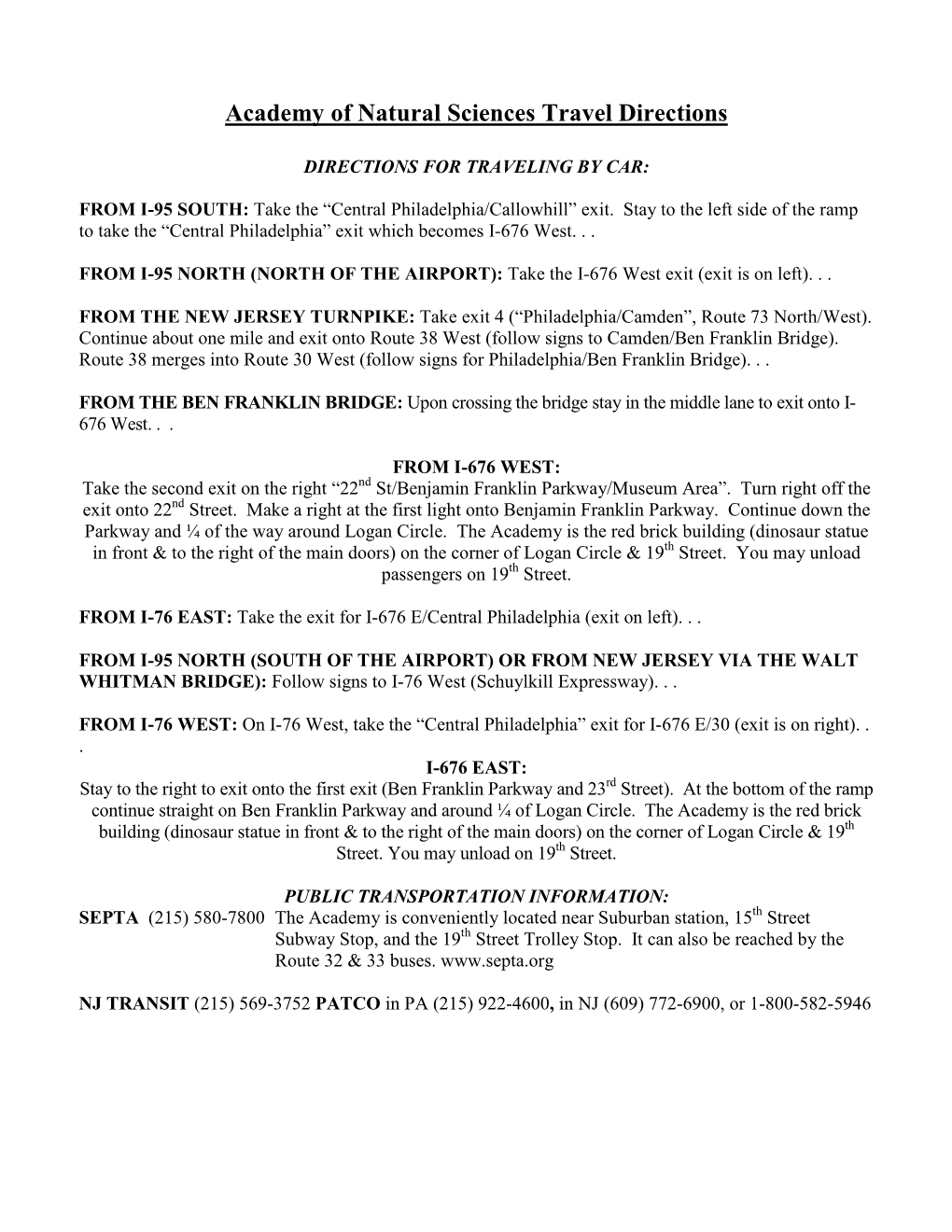 Academy of Natural Sciences Travel Directions