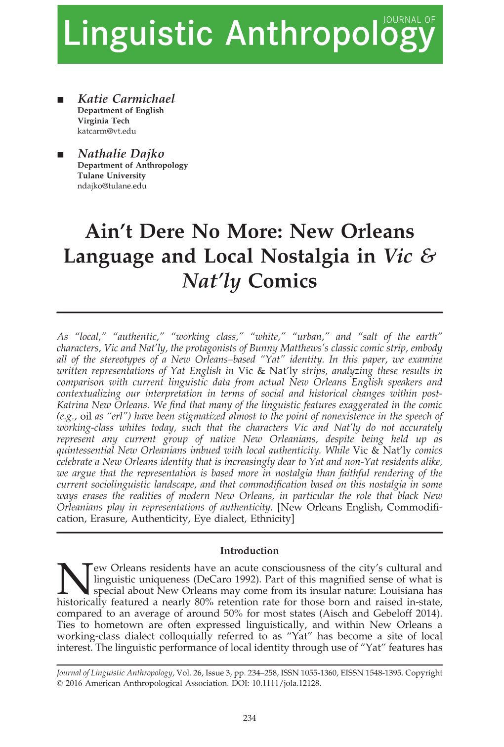 T Dere No More: New Orleans Language and Local Nostalgia in Vic &#X0026