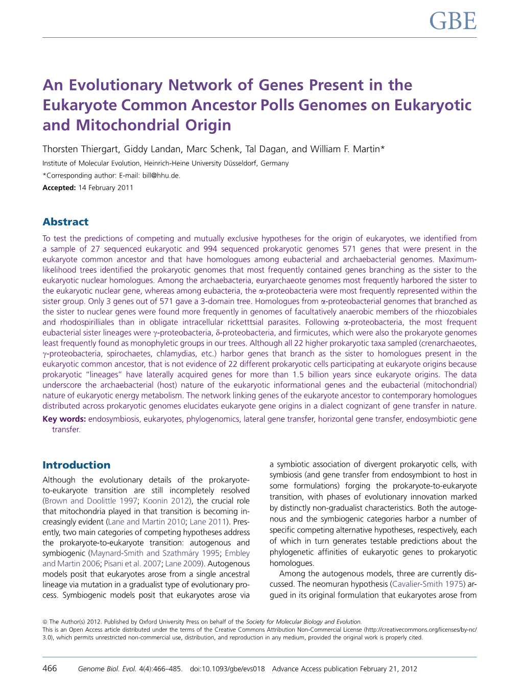 An Evolutionary Network of Genes Present in the Eukaryote Common Ancestor Polls Genomes on Eukaryotic and Mitochondrial Origin