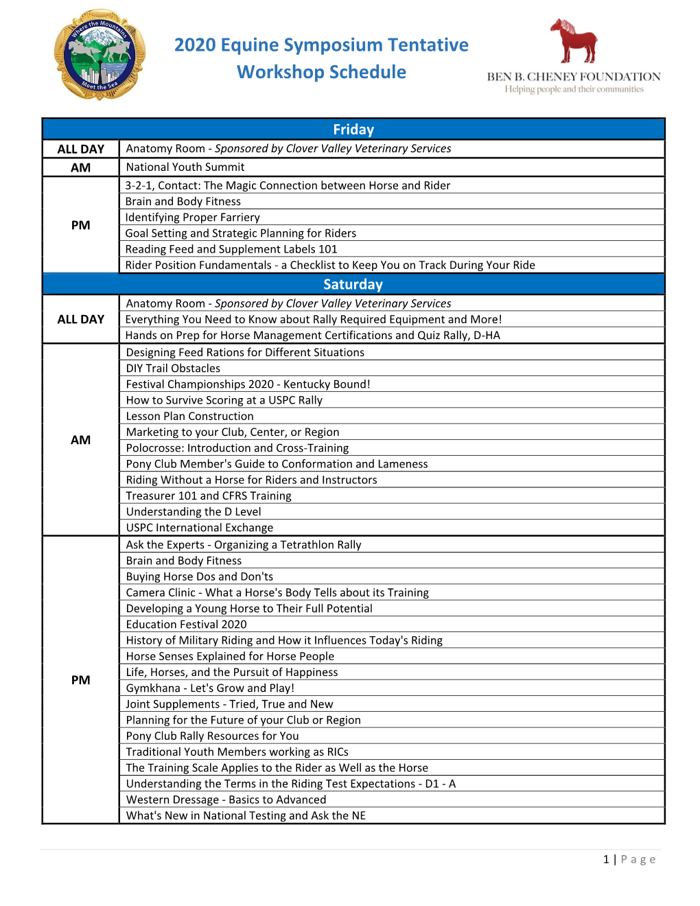 2020 Equine Symposium Tentative Workshop Schedule