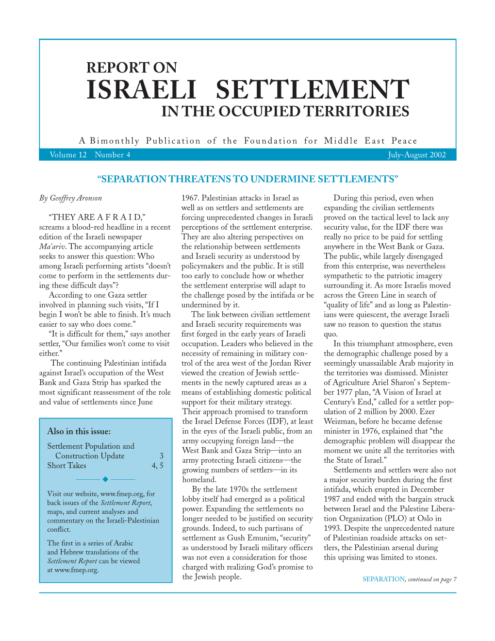 Report on Israeli Settlement in the Occupied Territories