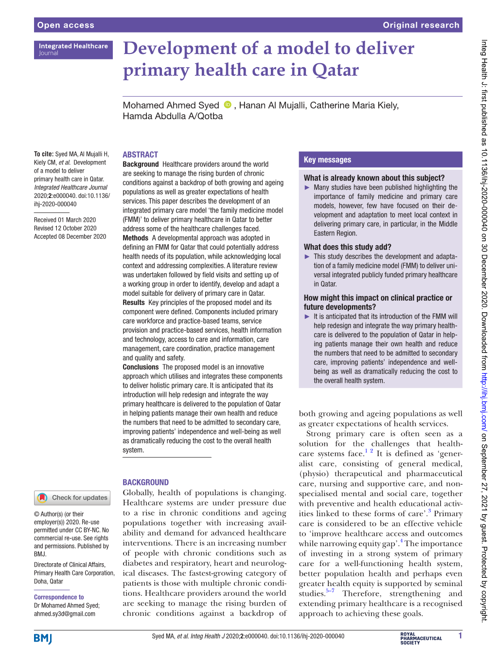 Development of a Model to Deliver Primary Health Care in Qatar