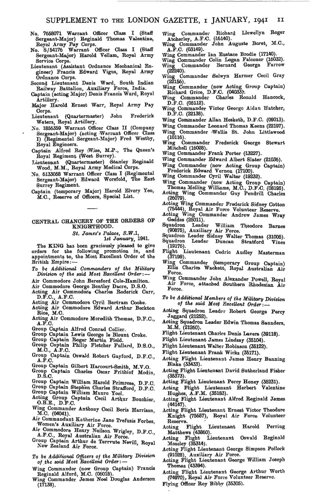 SUPPLEMENT to the LONDON GAZETTE, I JANUARY, 1941 N