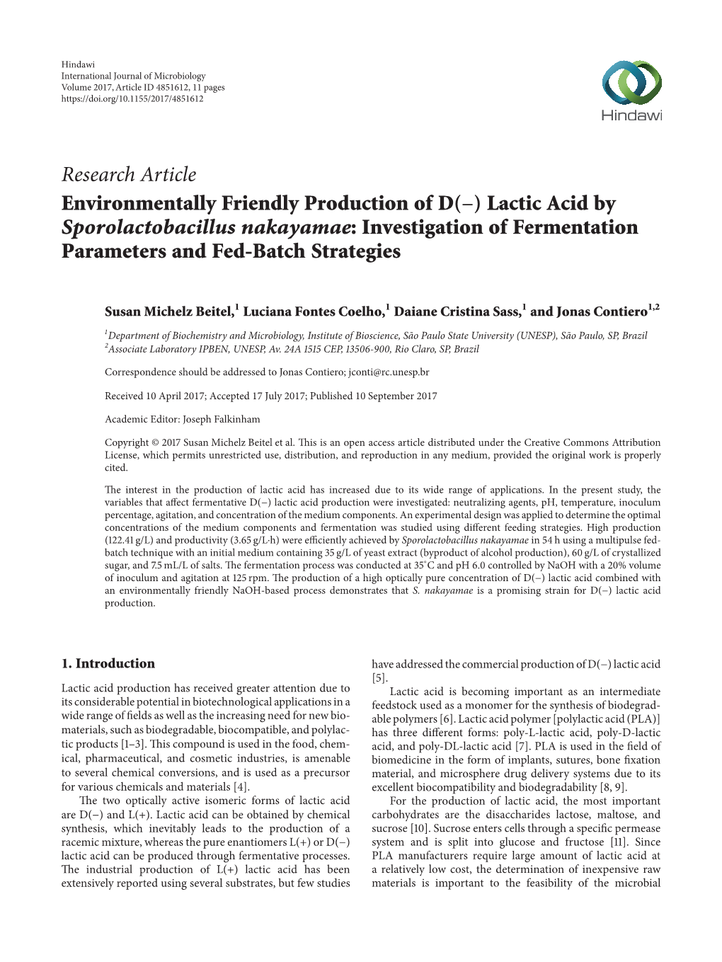 Environmentally Friendly Production of D (−) Lactic Acid By