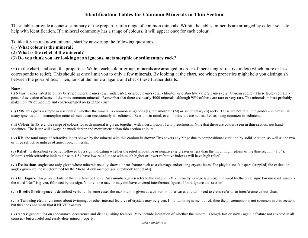 Identification Tables for Common Minerals in Thin Section