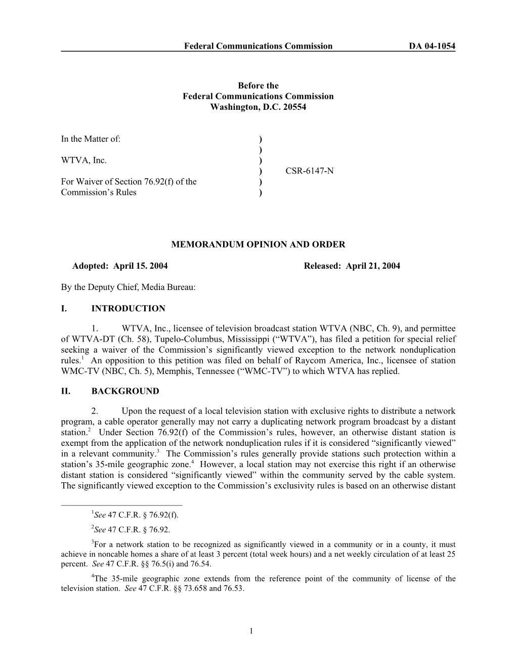 Federal Communications Commission DA 04-1054 Before the Federal