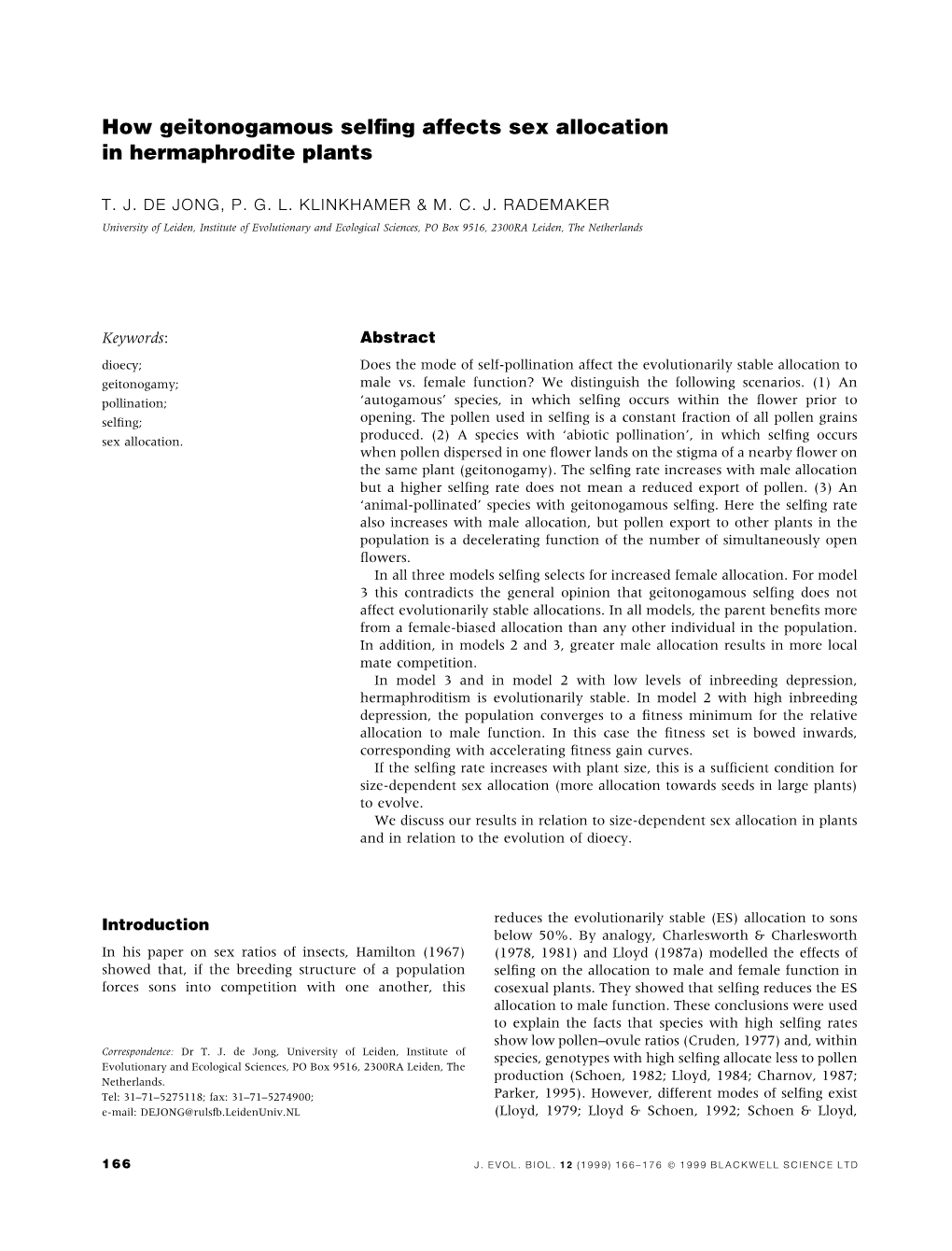 How Geitonogamous Selfing Affects Sex Allocation in Hermaphrodite Plants