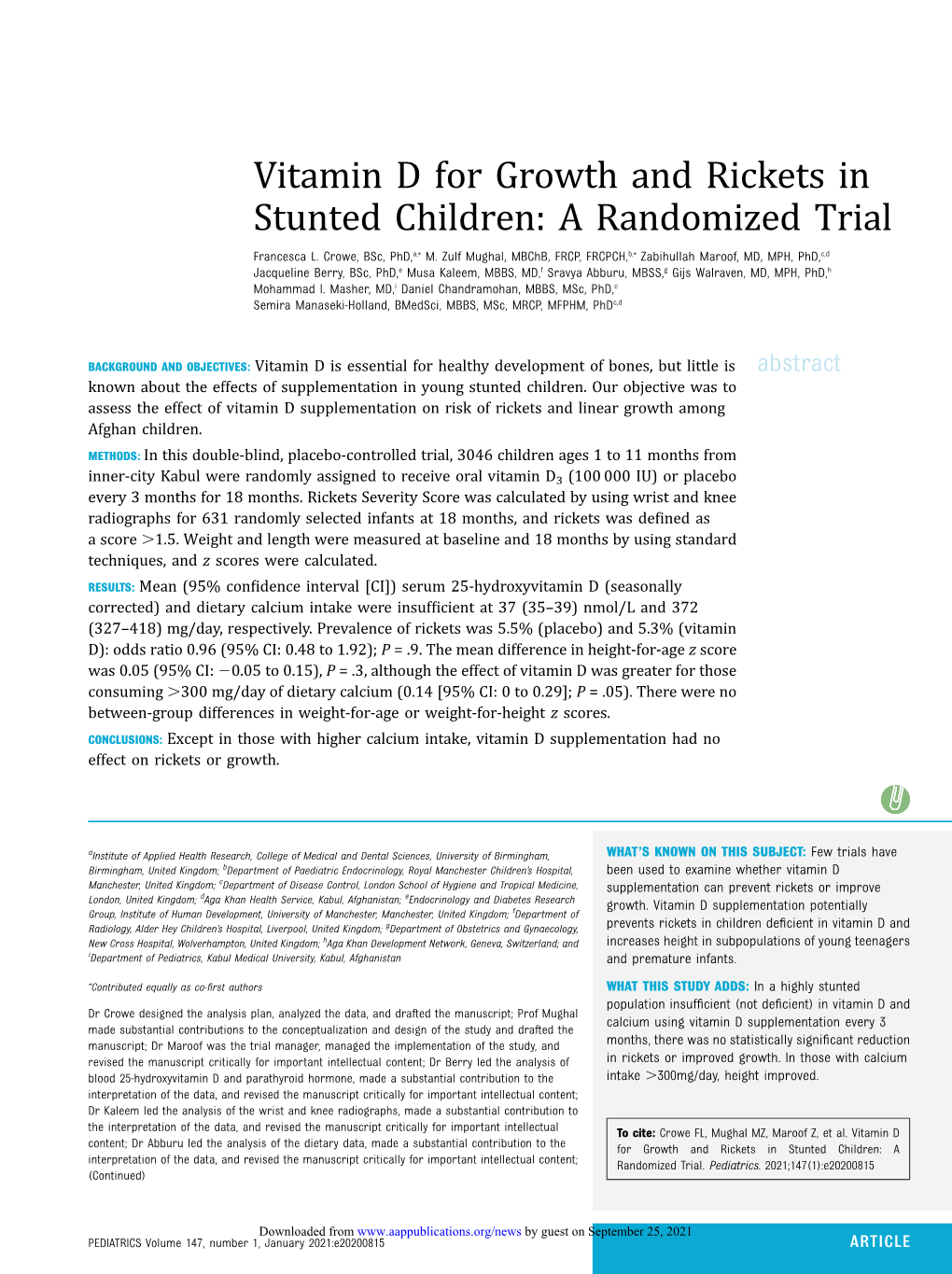 Vitamin D for Growth and Rickets in Stunted Children: a Randomized Trial