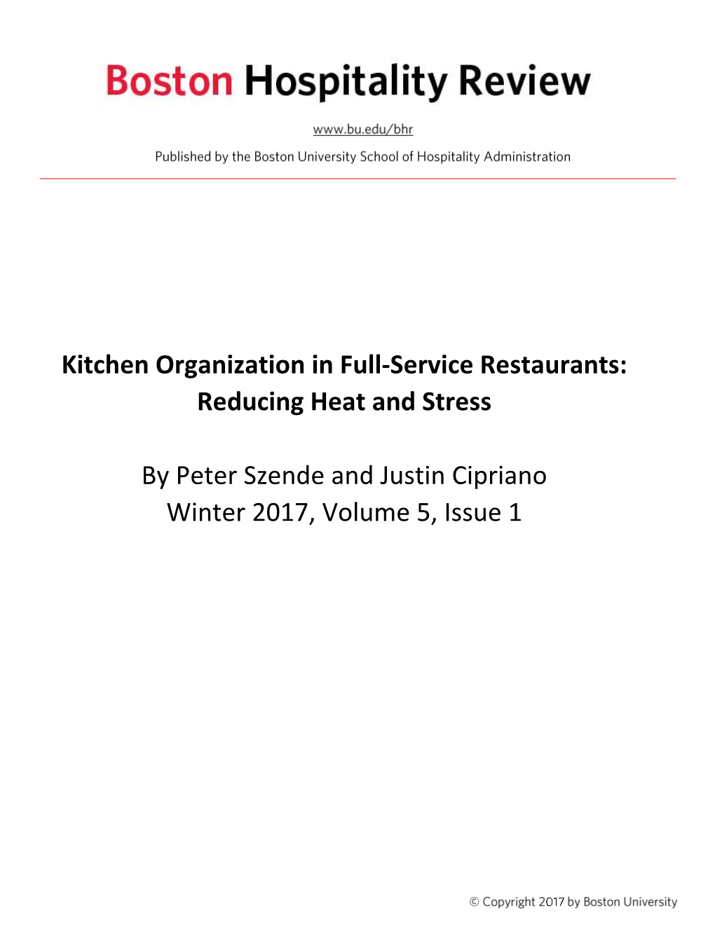 Kitchen Organization in Full-Service Restaurants: Reducing Heat and Stress