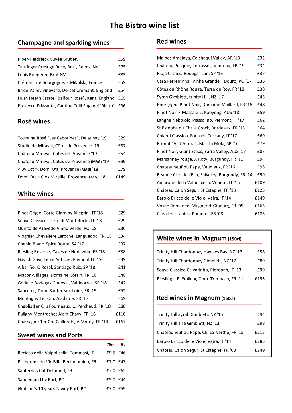 The Bistro Wine List