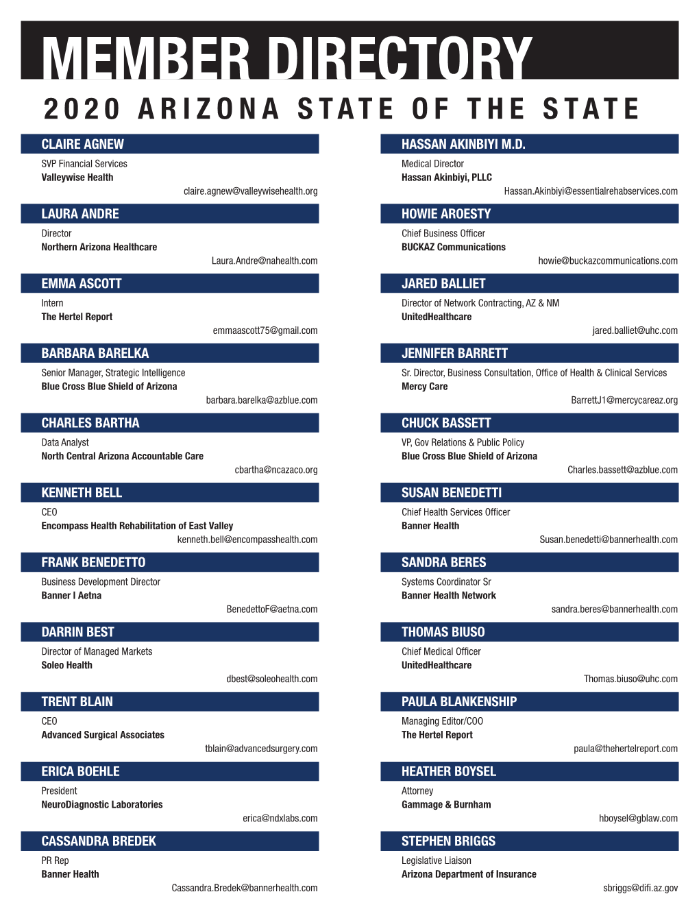 Member Directory 2020 Arizona State of the State Claire Agnew Hassan Akinbiyi M.D