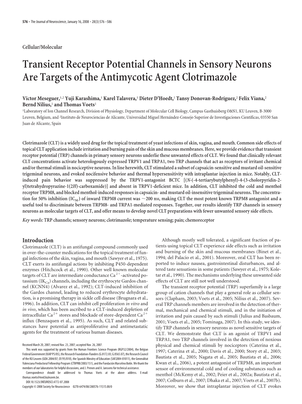 Transient Receptor Potential Channels in Sensory Neurons Are Targets of the Antimycotic Agent Clotrimazole