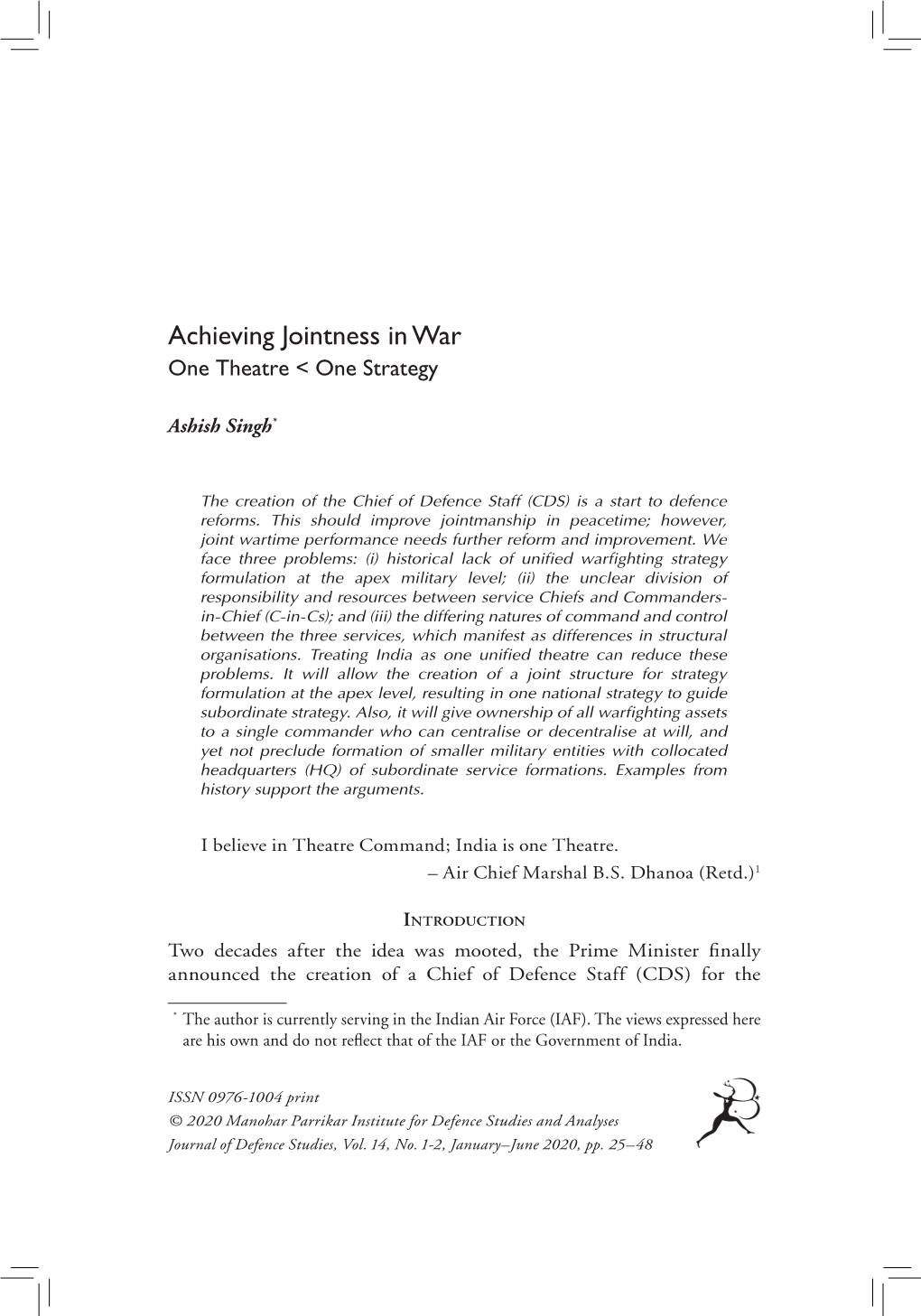 Achieving Jointness in War: One Theatre < One Strategy