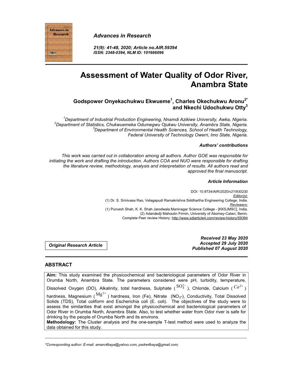 Assessment of Water Quality of Odor River, Anambra State