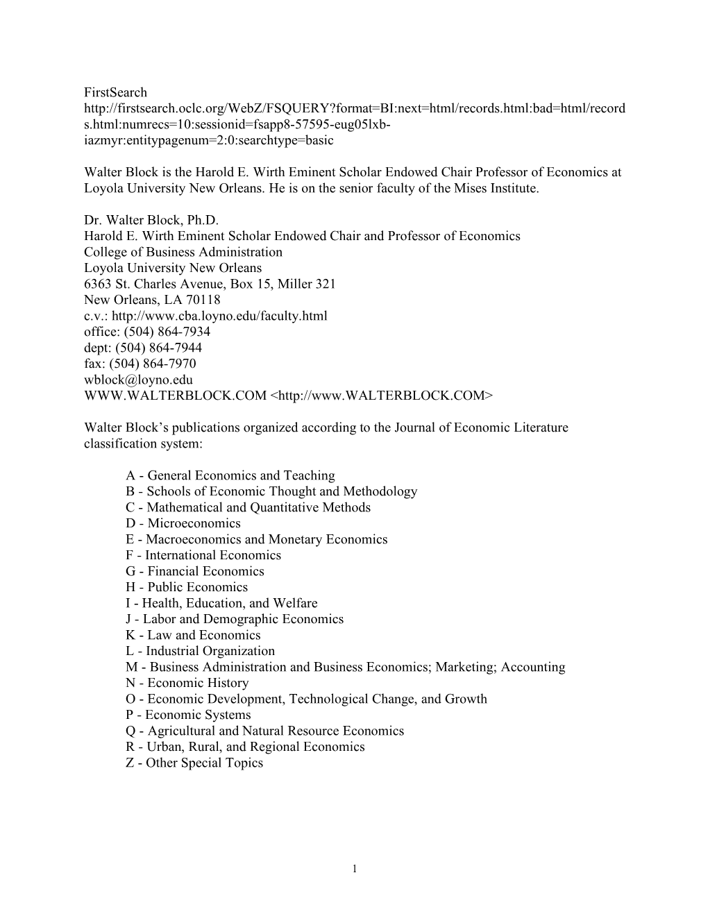 Publications by JEL Classification