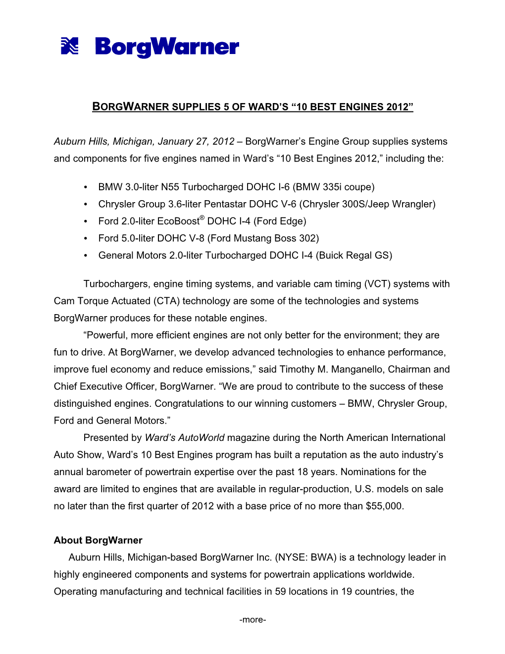 Borgwarner Supplies 5 of Ward's “10 Best Engines 2012