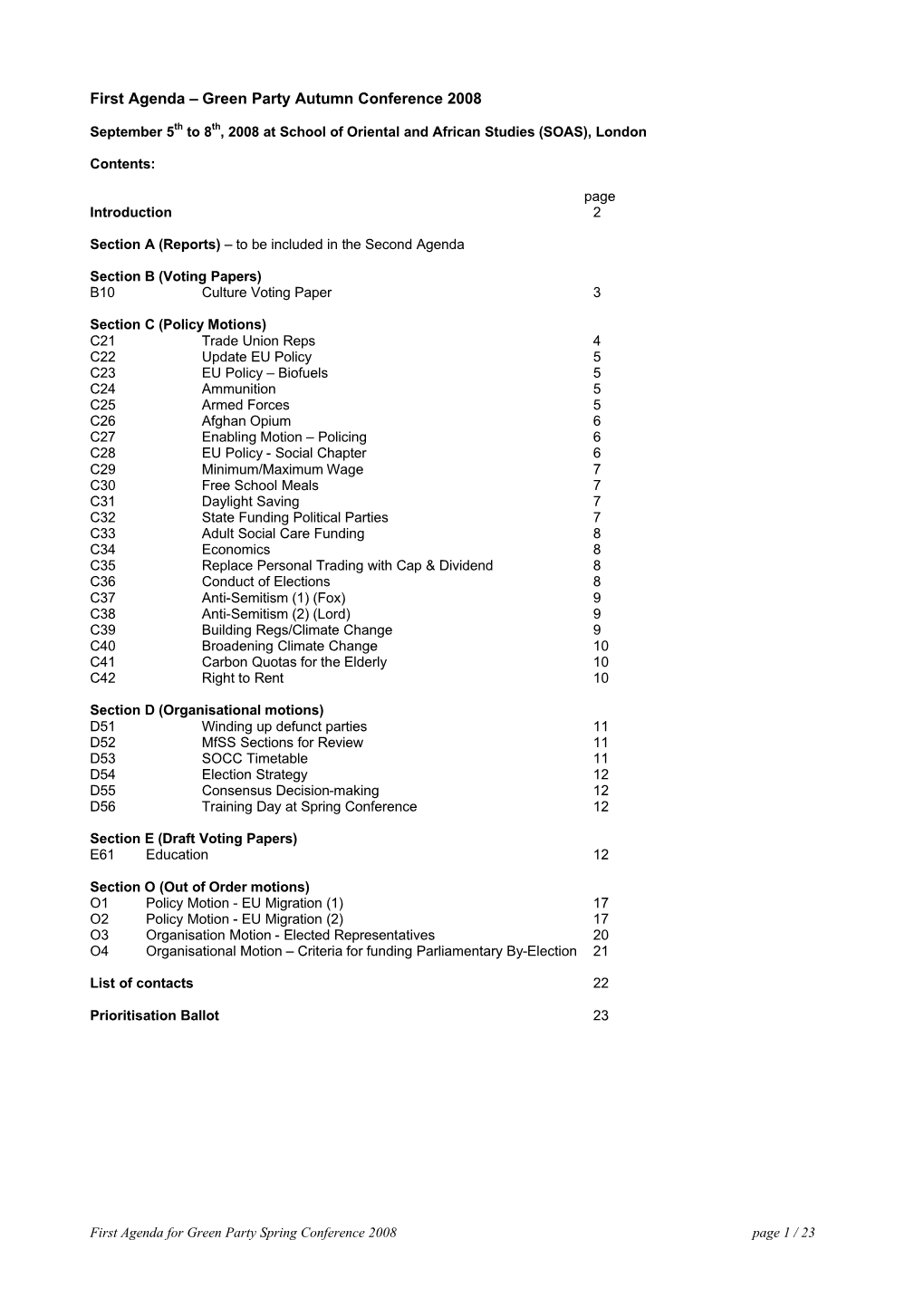 First Agenda – Green Party Autumn Conference 2008