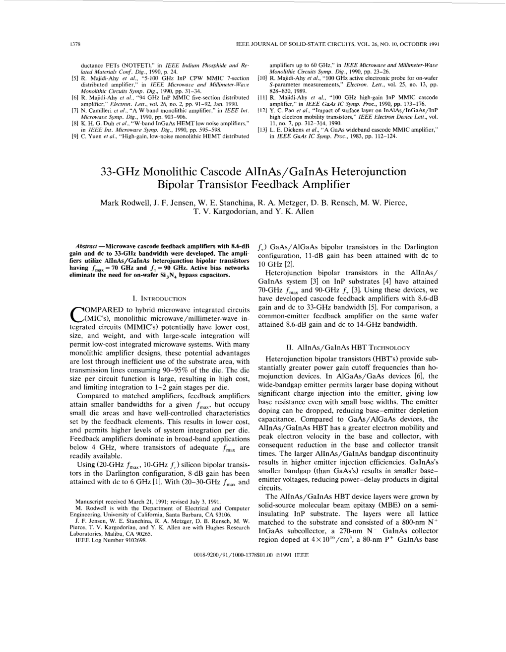 33-Ghz Monolithic Cascode Alinas/Gainas Heterojunction Bipolar Transistor Feedback Amplifier