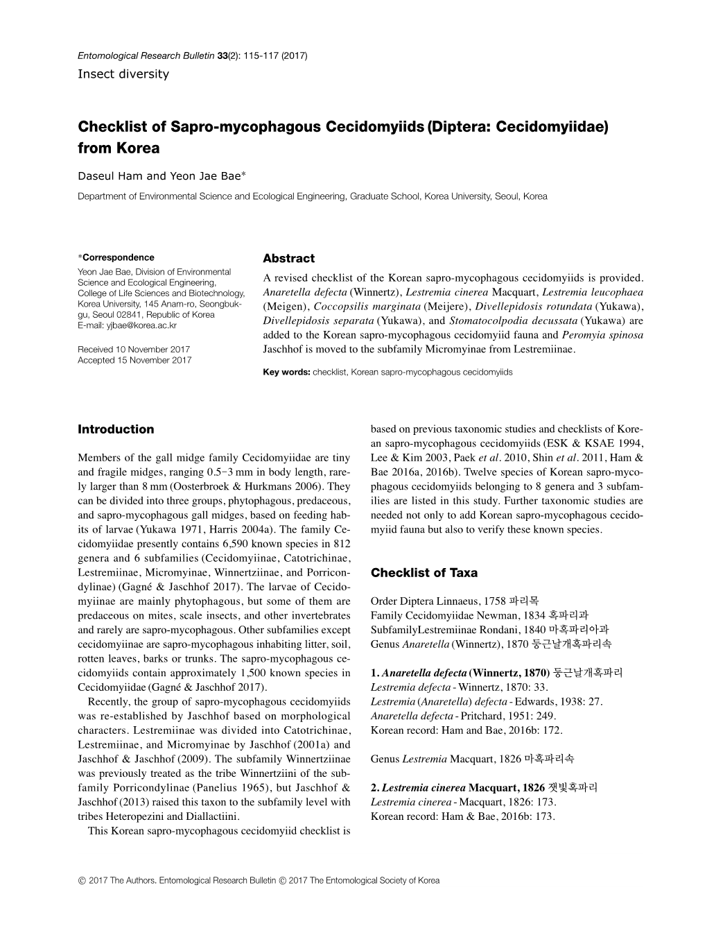 Checklist of Sapro-Mycophagous Cecidomyiids (Diptera: Cecidomyiidae) from Korea