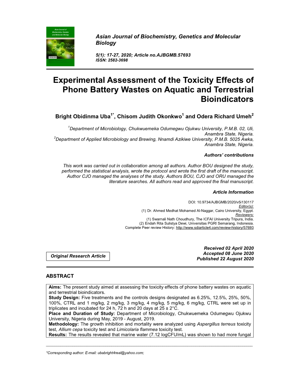 Experimental Assessment of the Toxicity Effects of Phone Battery Wastes on Aquatic and Terrestrial Bioindicators