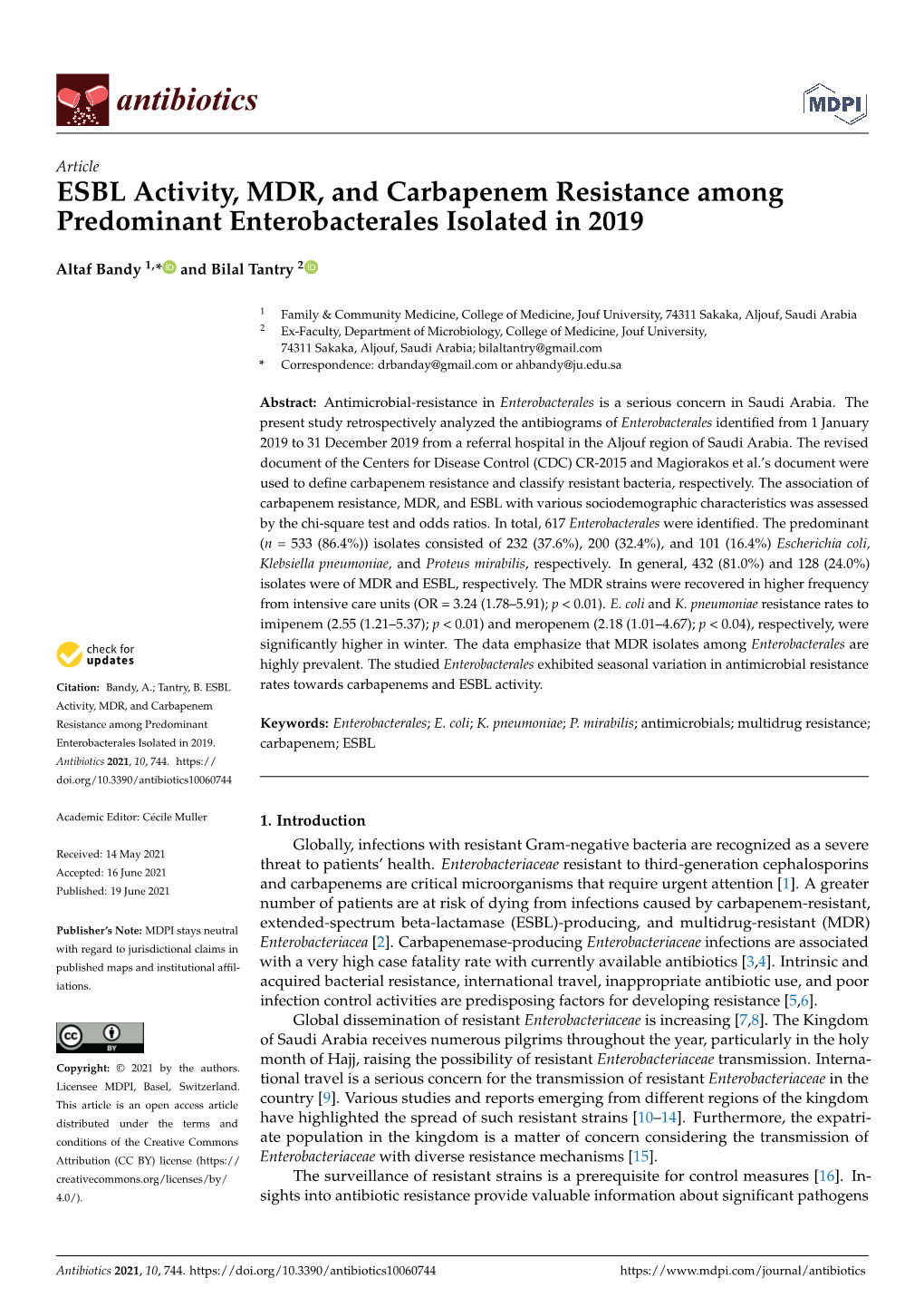 ESBL Activity, MDR, and Carbapenem Resistance Among Predominant Enterobacterales Isolated in 2019