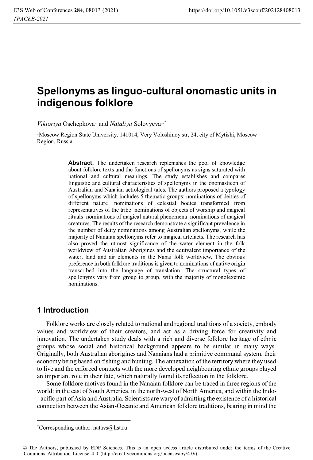 Spellonyms As Linguo-Cultural Onomastic Units in Indigenous Folklore