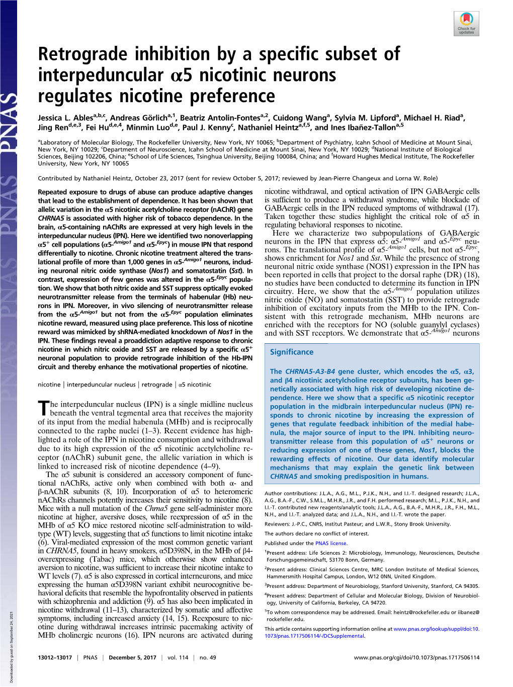 Retrograde Inhibition by a Specific Subset of Interpeduncular Α5 Nicotinic Neurons Regulates Nicotine Preference