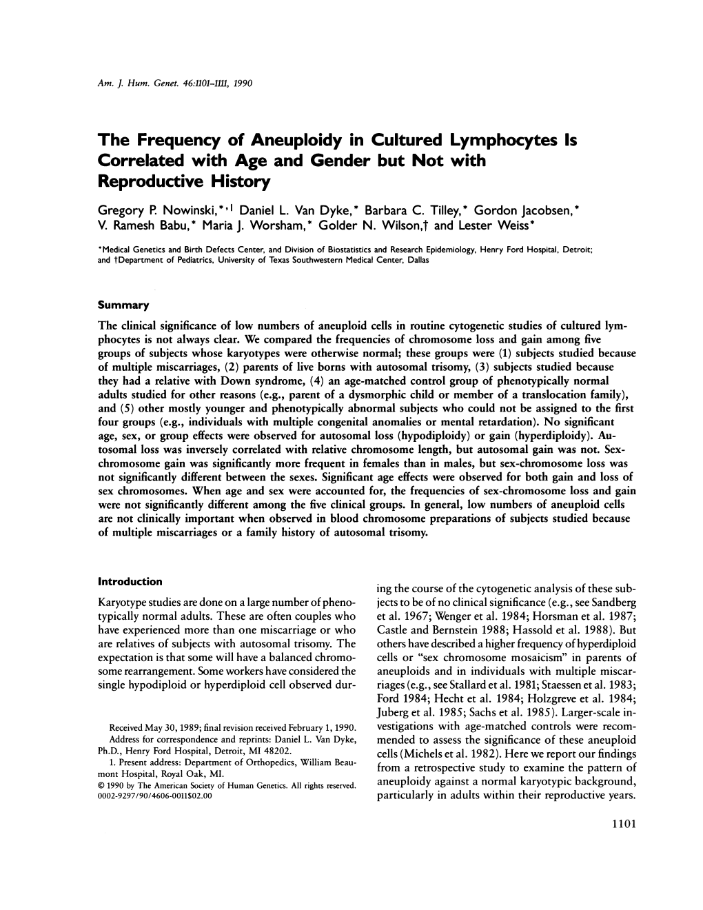 The Frequency of Aneuploidy in Cultured Lymphocytes Is Correlated with Age and Gender but Not with Reproductive History