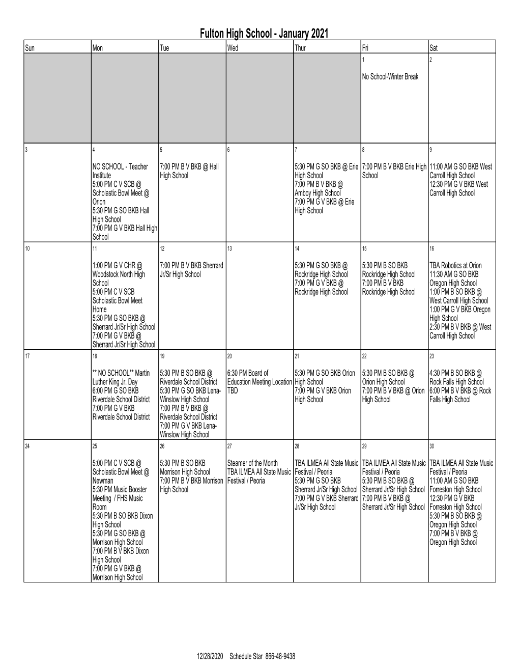 Printable High School Calendar