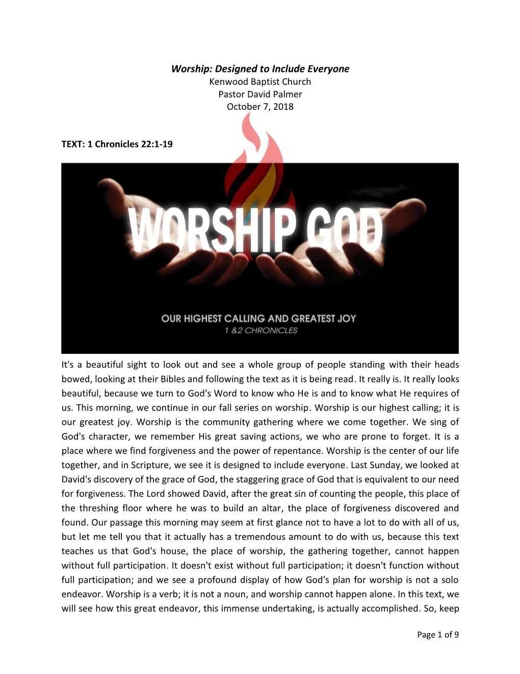 Worship: Designed to Include Everyone Kenwood Baptist Church Pastor David Palmer October 7, 2018