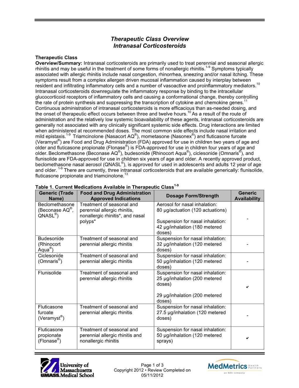 Therapeutic Class Overview Intranasal Corticosteroids