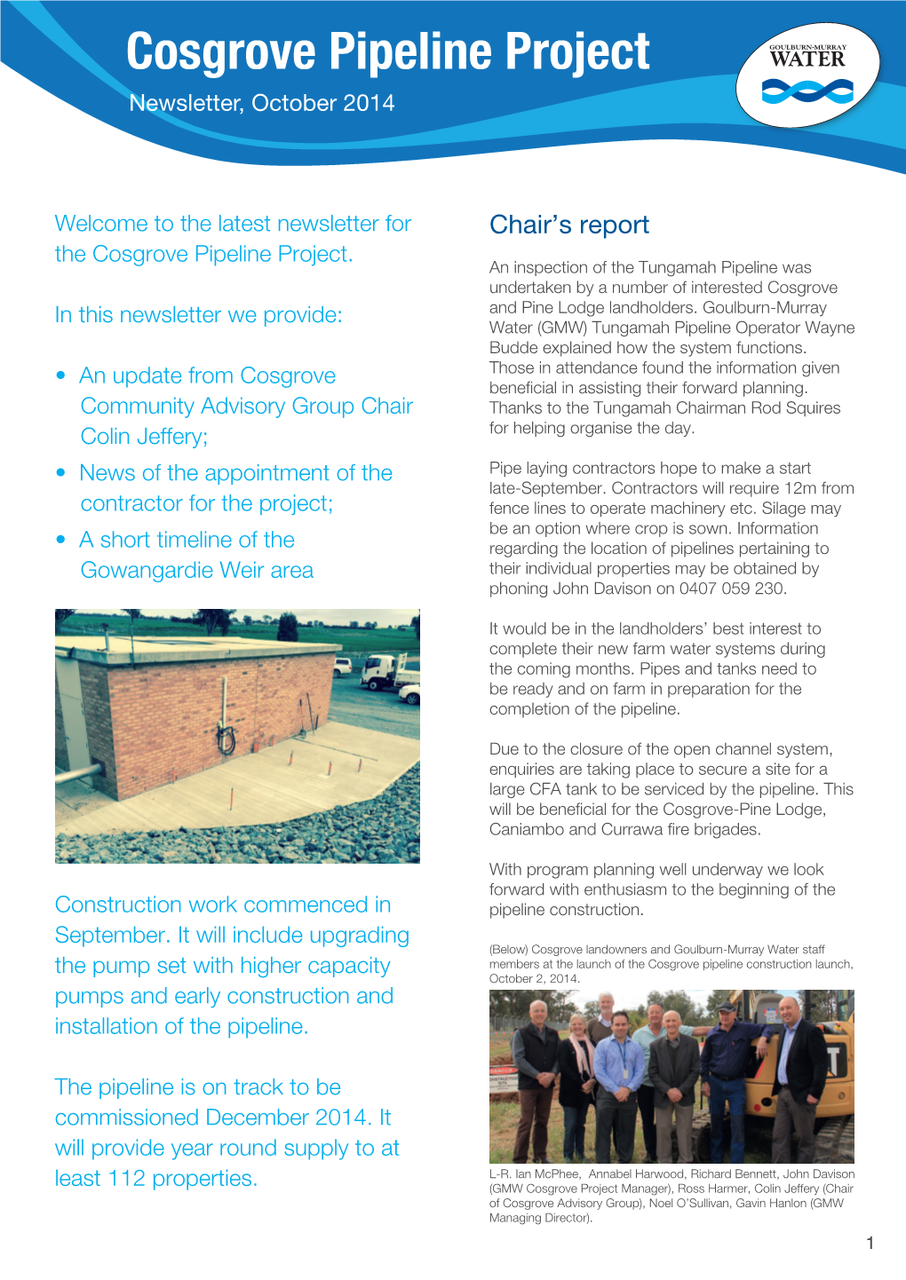 Cosgrove Pipeline Project Newsletter, October 2014