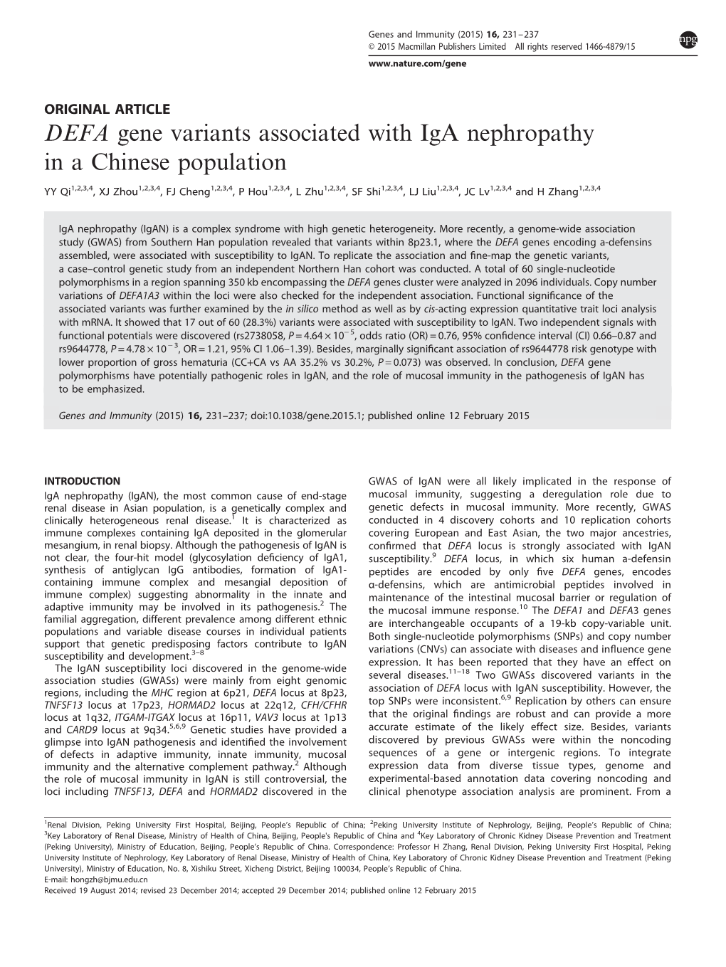 DEFA Gene Variants Associated with Iga Nephropathy in a Chinese Population