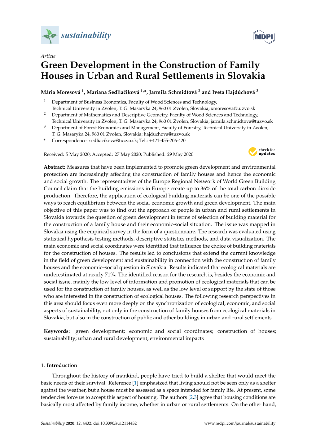 Green Development in the Construction of Family Houses in Urban and Rural Settlements in Slovakia