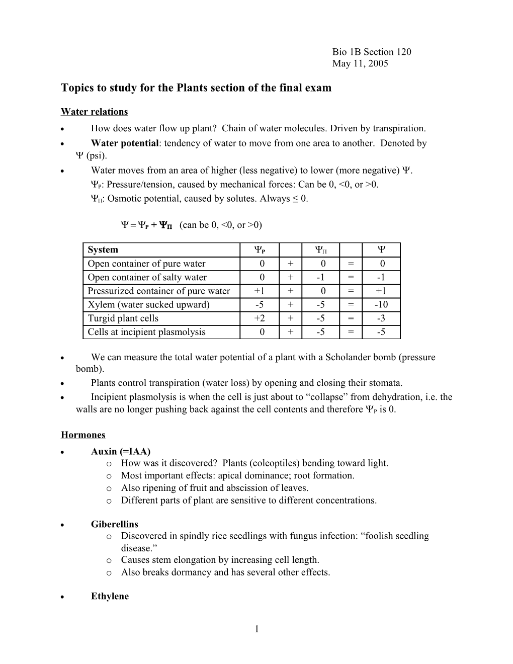 Topics to Study for the Plants Section of the Final Exam