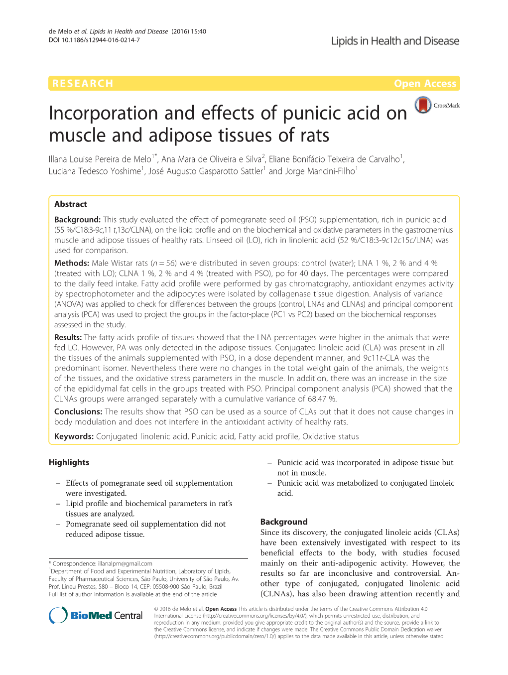 Incorporation and Effects of Punicic Acid on Muscle and Adipose Tissues