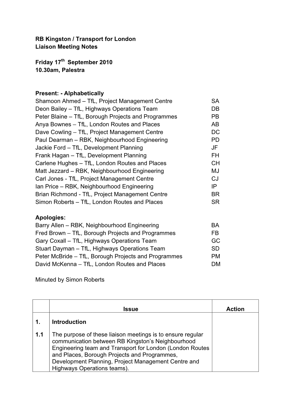 RB Kingston / Transport for London Liaison Meeting Notes Friday 17Th