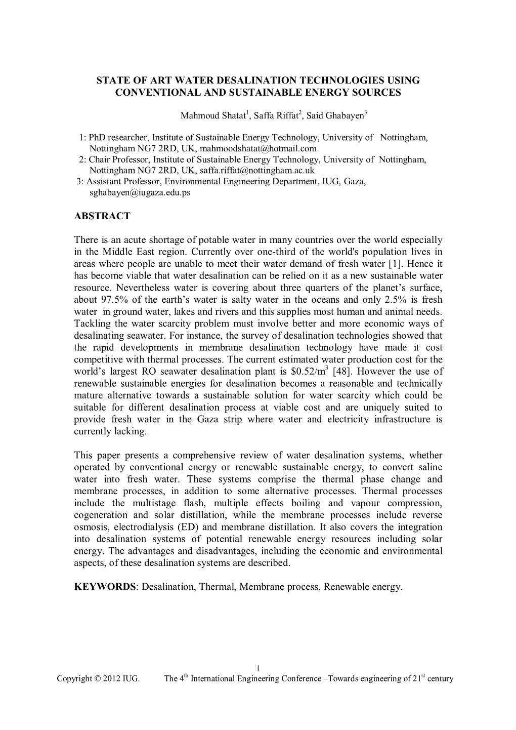 State of Art Water Desalination Technologies Using Conventional and Sustainable Energy Sources