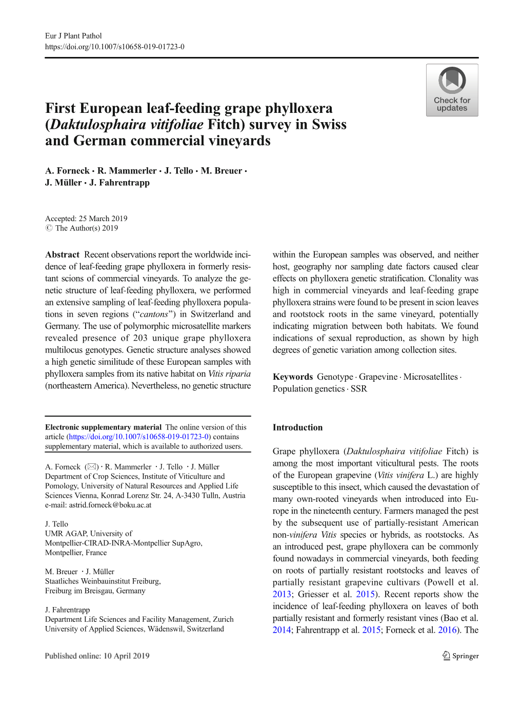 First European Leaf-Feeding Grape Phylloxera (Daktulosphaira Vitifoliae Fitch) Survey in Swiss and German Commercial Vineyards