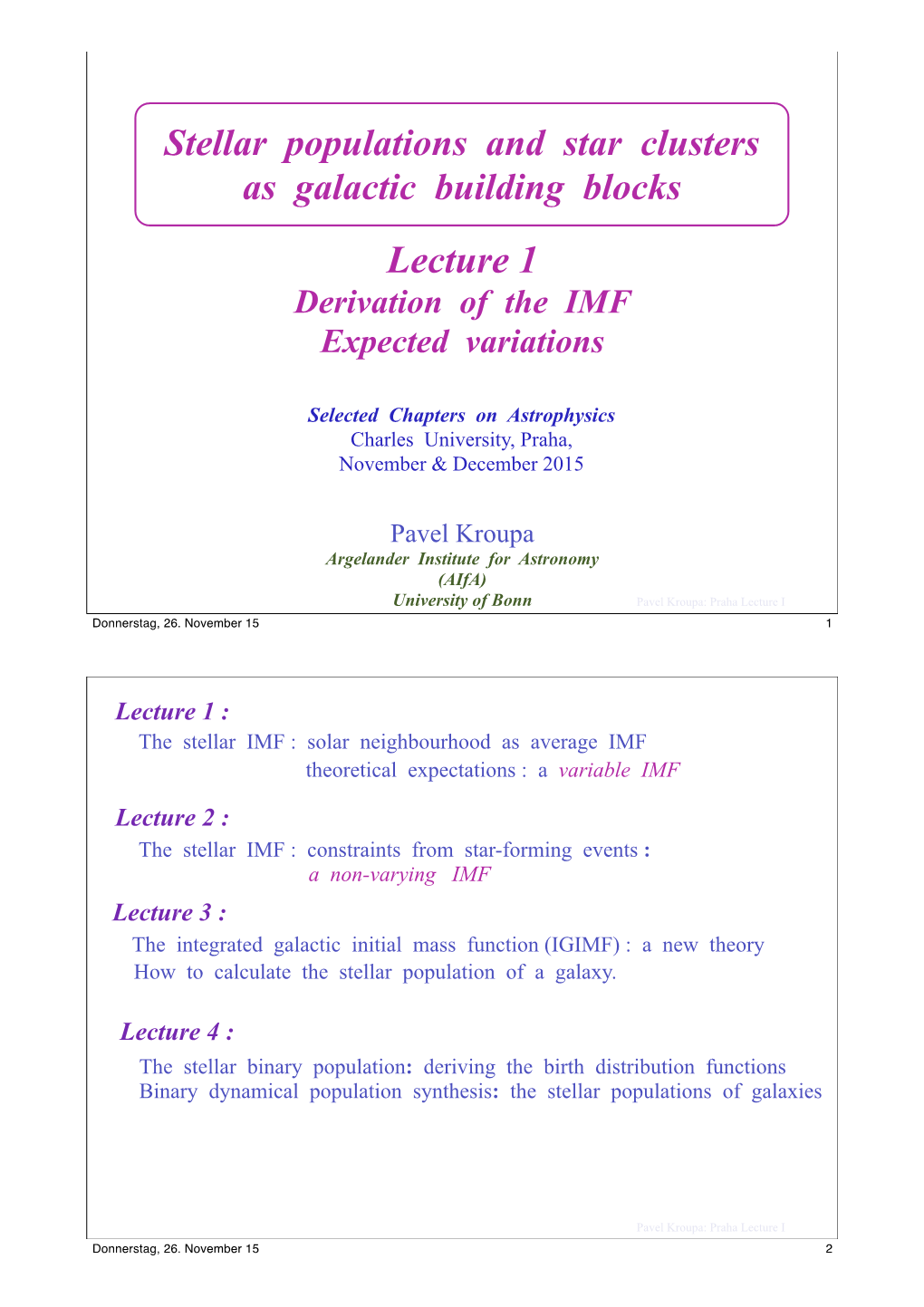 Lecture 1 Derivation of the IMF Expected Variations