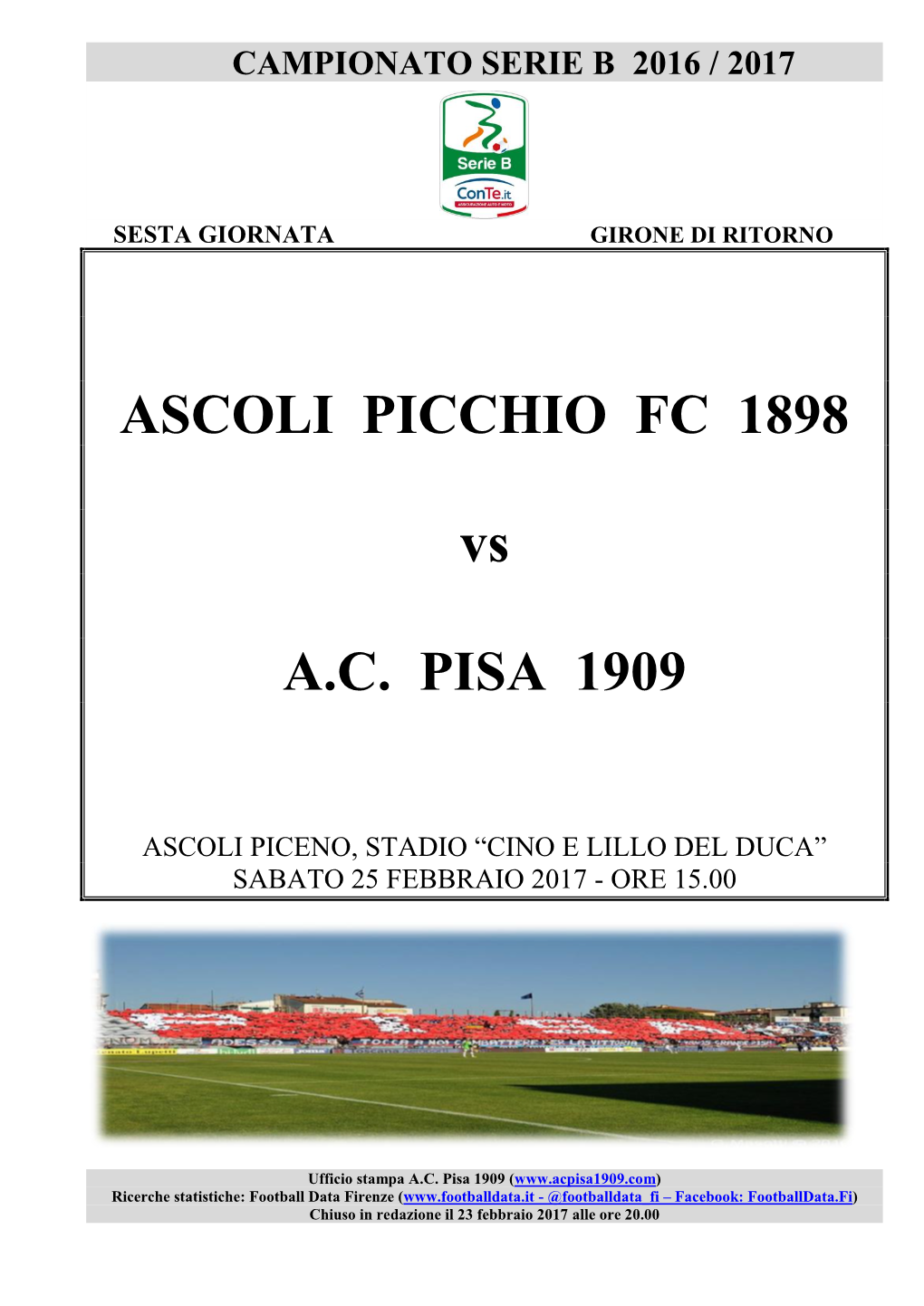 ASCOLI PICCHIO FC 1898 Vs A.C. PISA 1909