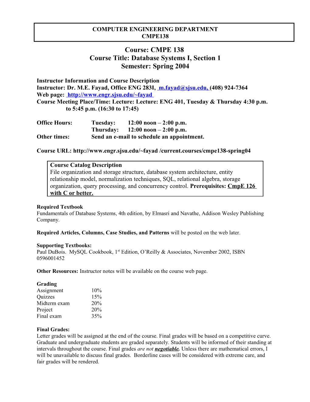 Course Title: Database Systems I, Section 1