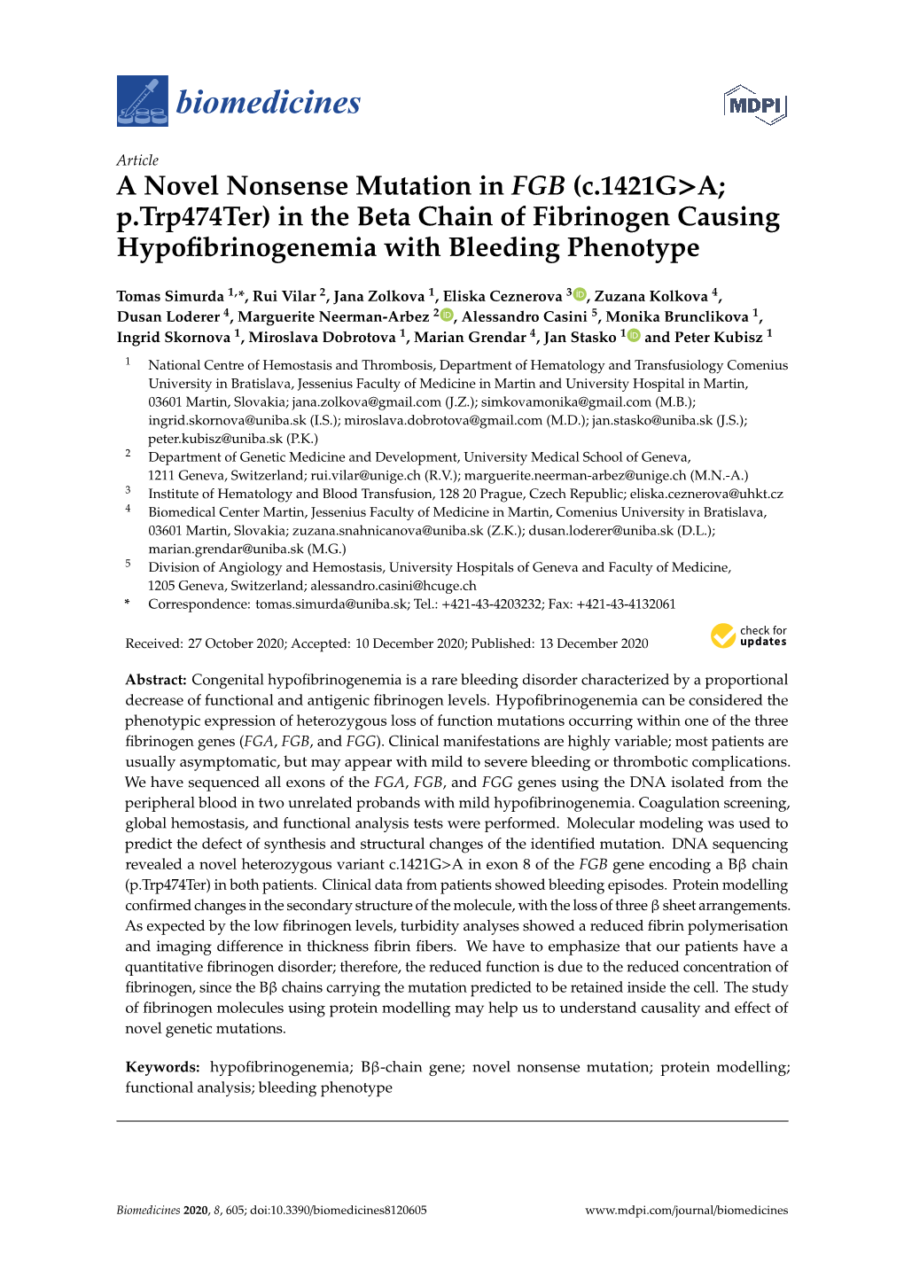 A Novel Nonsense Mutation in FGB (C.1421G>A; P.Trp474ter)