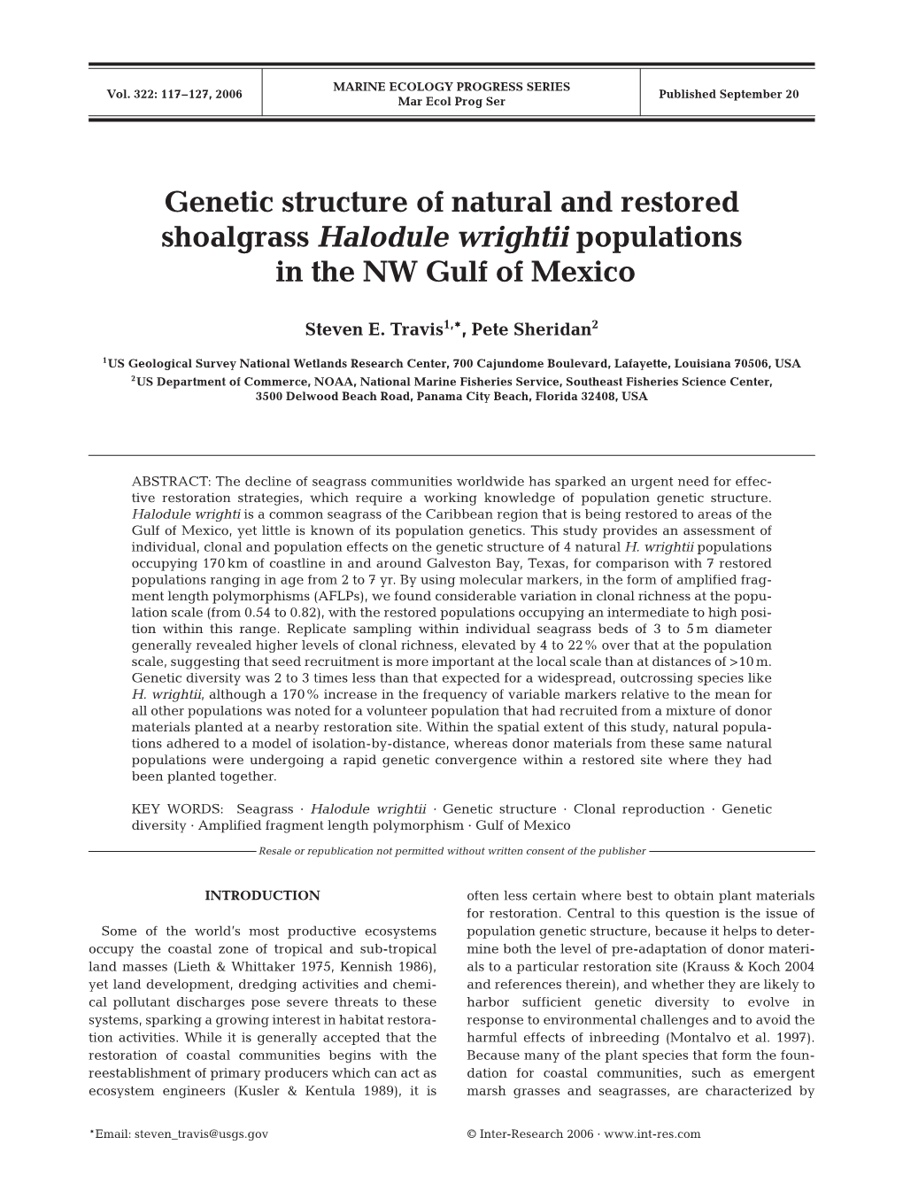 Genetic Structure of Natural and Restored Shoalgrass Halodule Wrightii Populations in the NW Gulf of Mexico