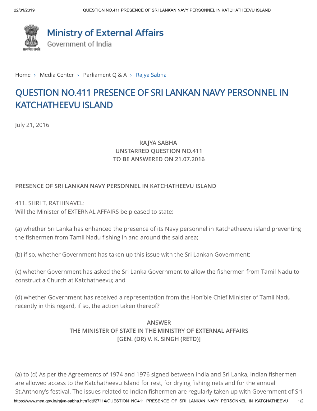 Question No.411 Presence of Sri Lankan Navy Personnel in Katchatheevu Island