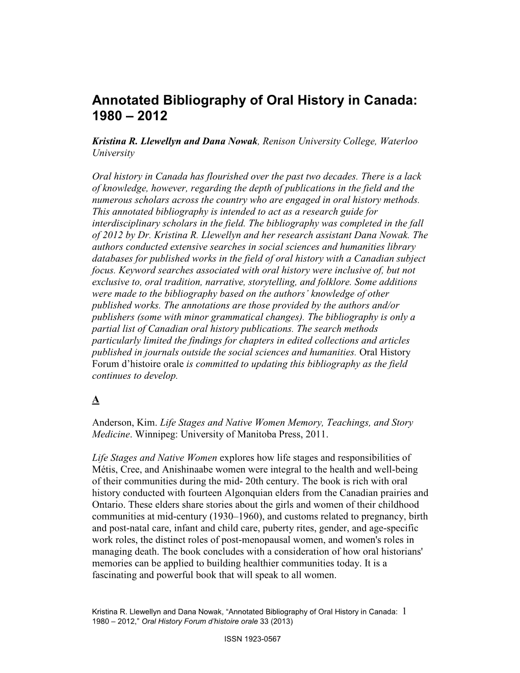 Annotated Bibliography of Oral History in Canada: 1980 – 2012