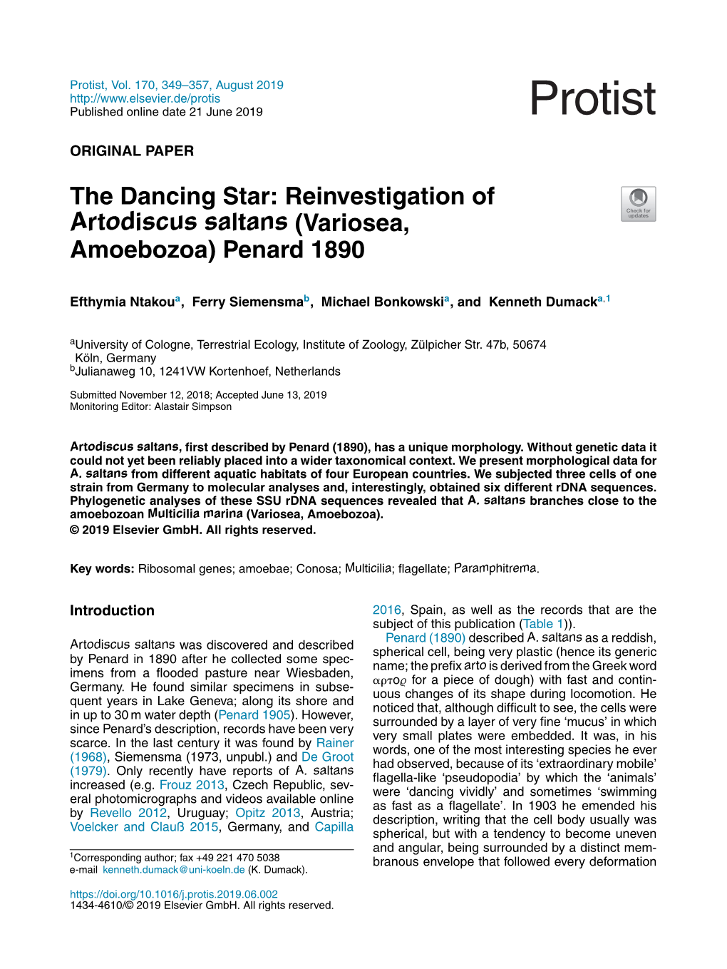 The Dancing Star: Reinvestigation of Artodiscus Saltans (Variosea, Amoebozoa) Penard 1890