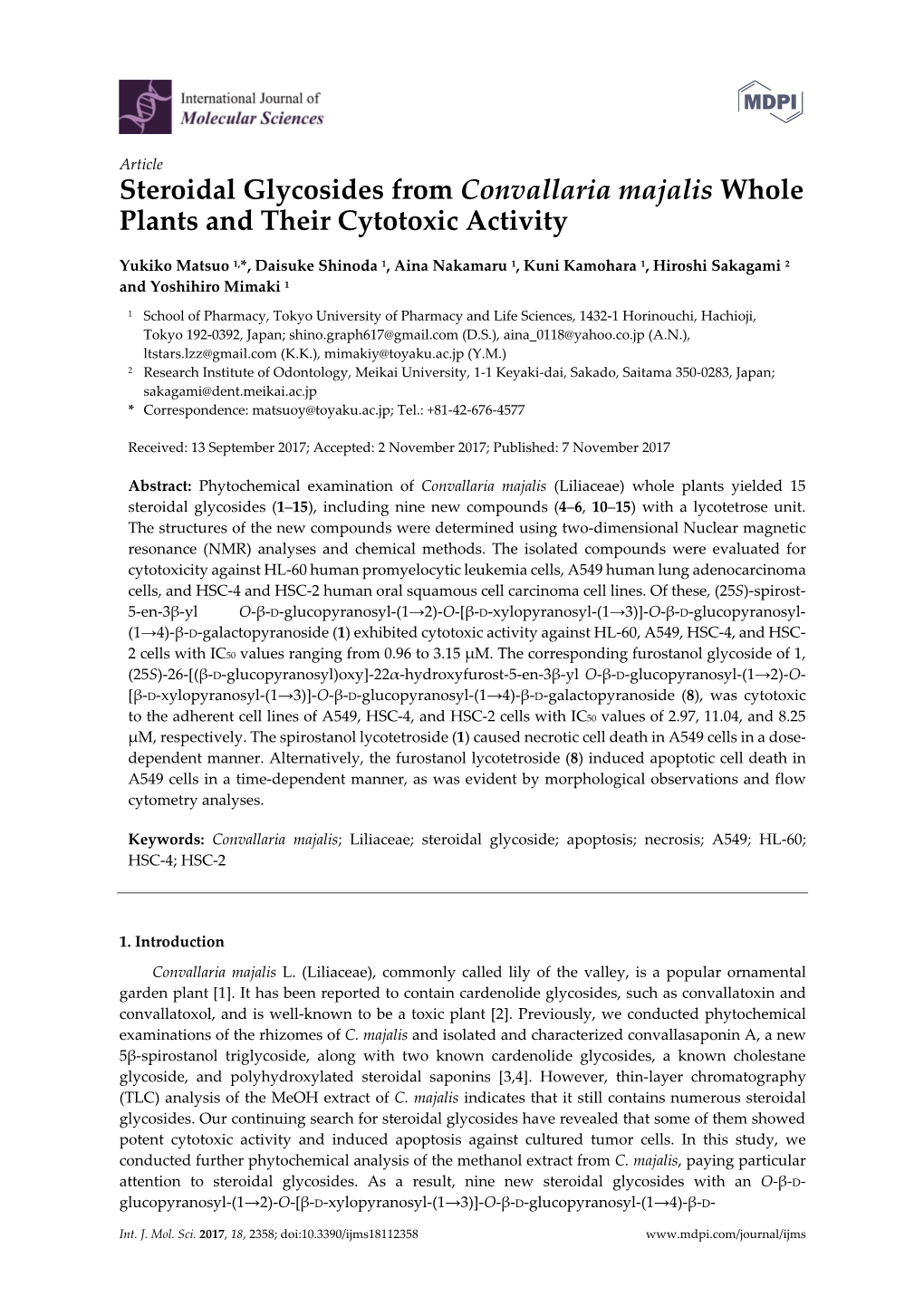 Steroidal Glycosides from Convallaria Majalis Whole Plants and Their Cytotoxic Activity