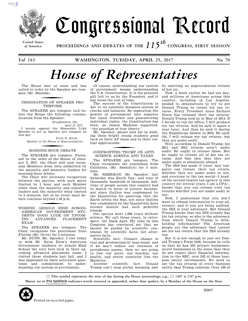 Congressional Record United States Th of America PROCEEDINGS and DEBATES of the 115 CONGRESS, FIRST SESSION